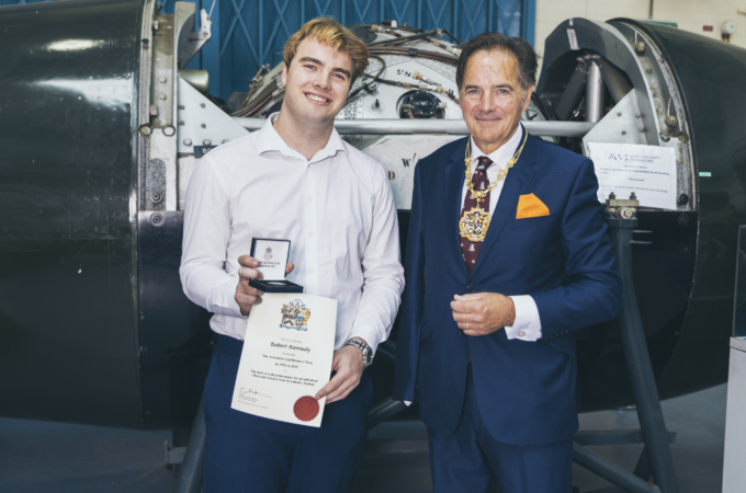 L-R: AWE undergraduate and prize winner Robert Kennedy and Master of Armourers & Brasiers’ Company Geoffrey Andrews L-R: AWE undergraduate and prize winner Robert Kennedy and Master of Armourers & Brasiers’ Company Geoffrey Andrews