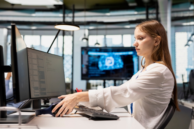 A person seated at a desk is working on a computer with dual monitors in a modern office setting. One monitor displays text or code, while the background shows a large screen with a digital graphic. 