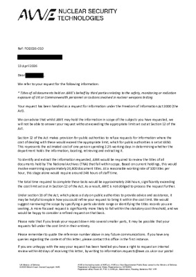 FOI Request – Titles of documents held on AWEs behalf by third parties